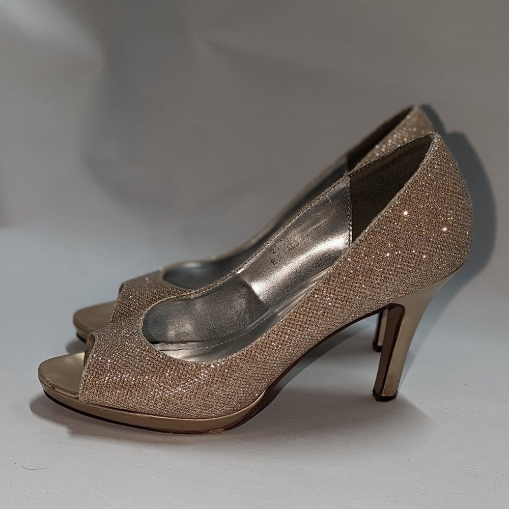 Y2K Glam Gold‎ Glitter Peep Toe Heels Pumps David's Bridal 8.5